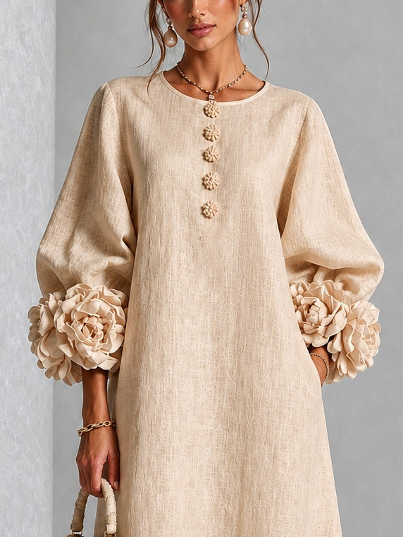 Linnea | Floral-Sleeve Midi Dress in Beige