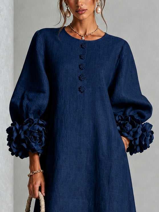 Calla | Floral-Sleeve Midi Dress in Navy