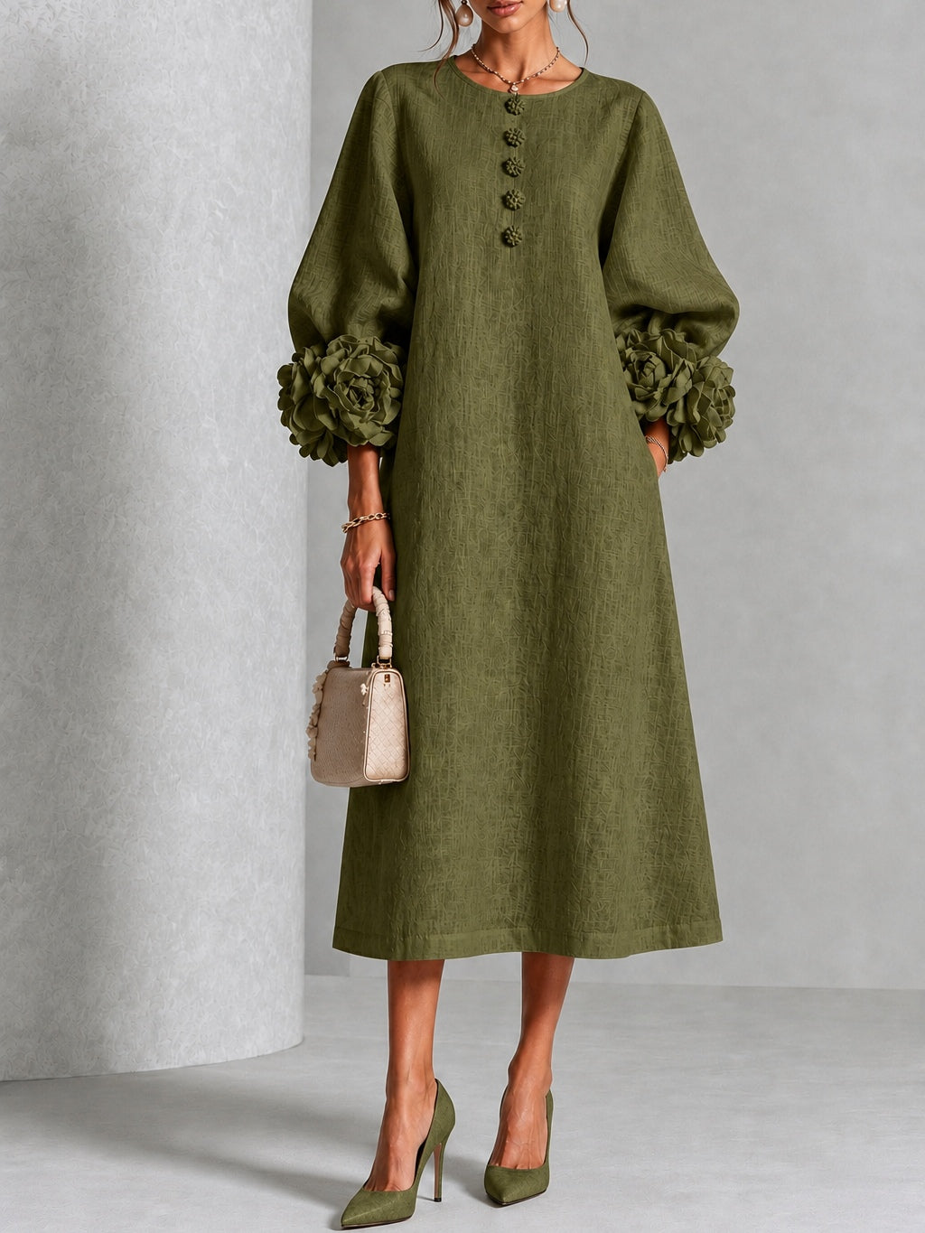 Juno | Floral-Sleeve Midi Dress in Olive