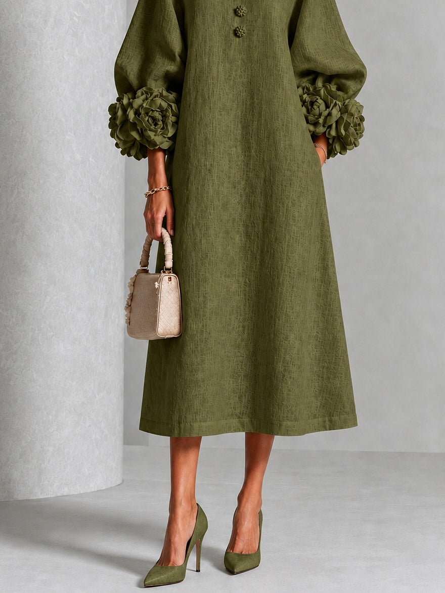 Juno | Floral-Sleeve Midi Dress in Olive