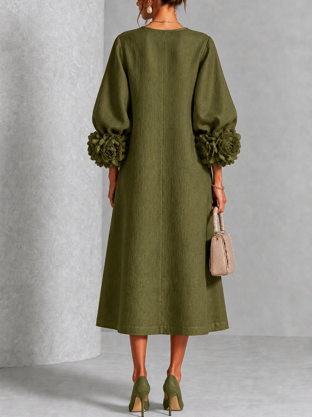 Juno | Floral-Sleeve Midi Dress in Olive