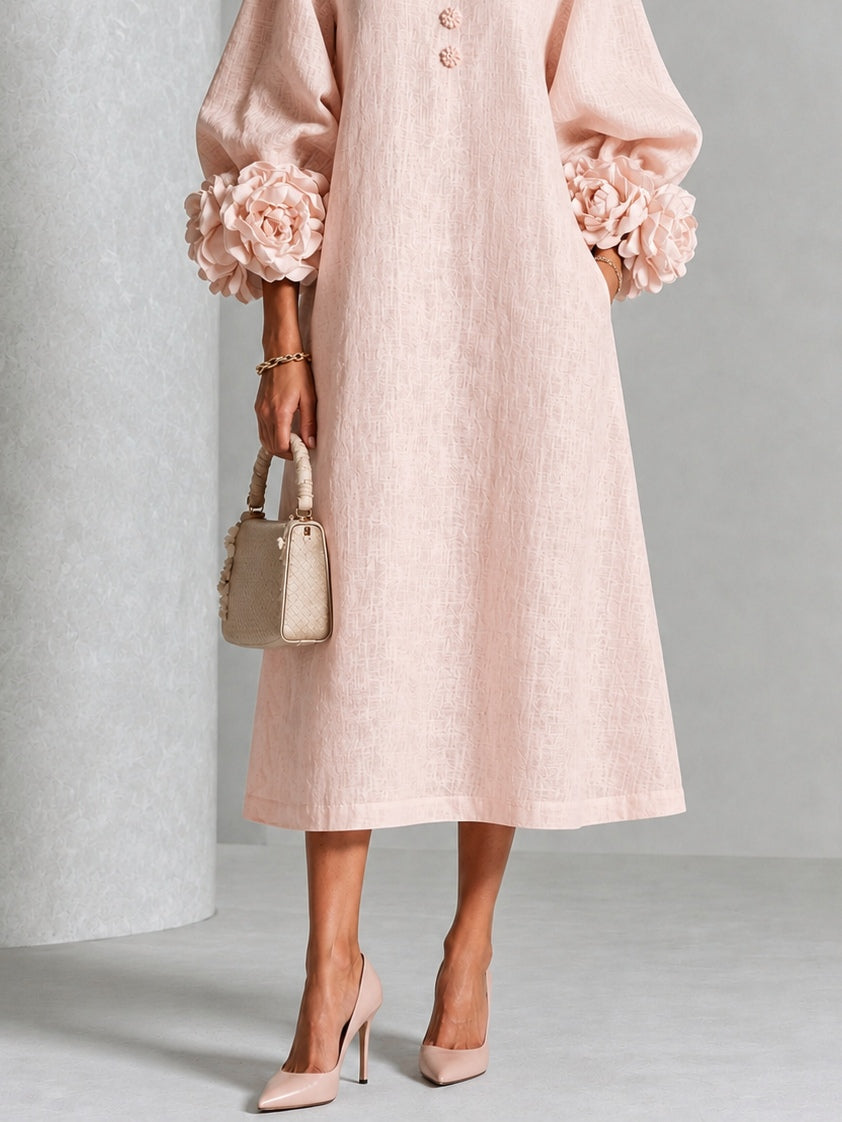 Rosabel | Floral-Sleeve Midi Dress in Pink