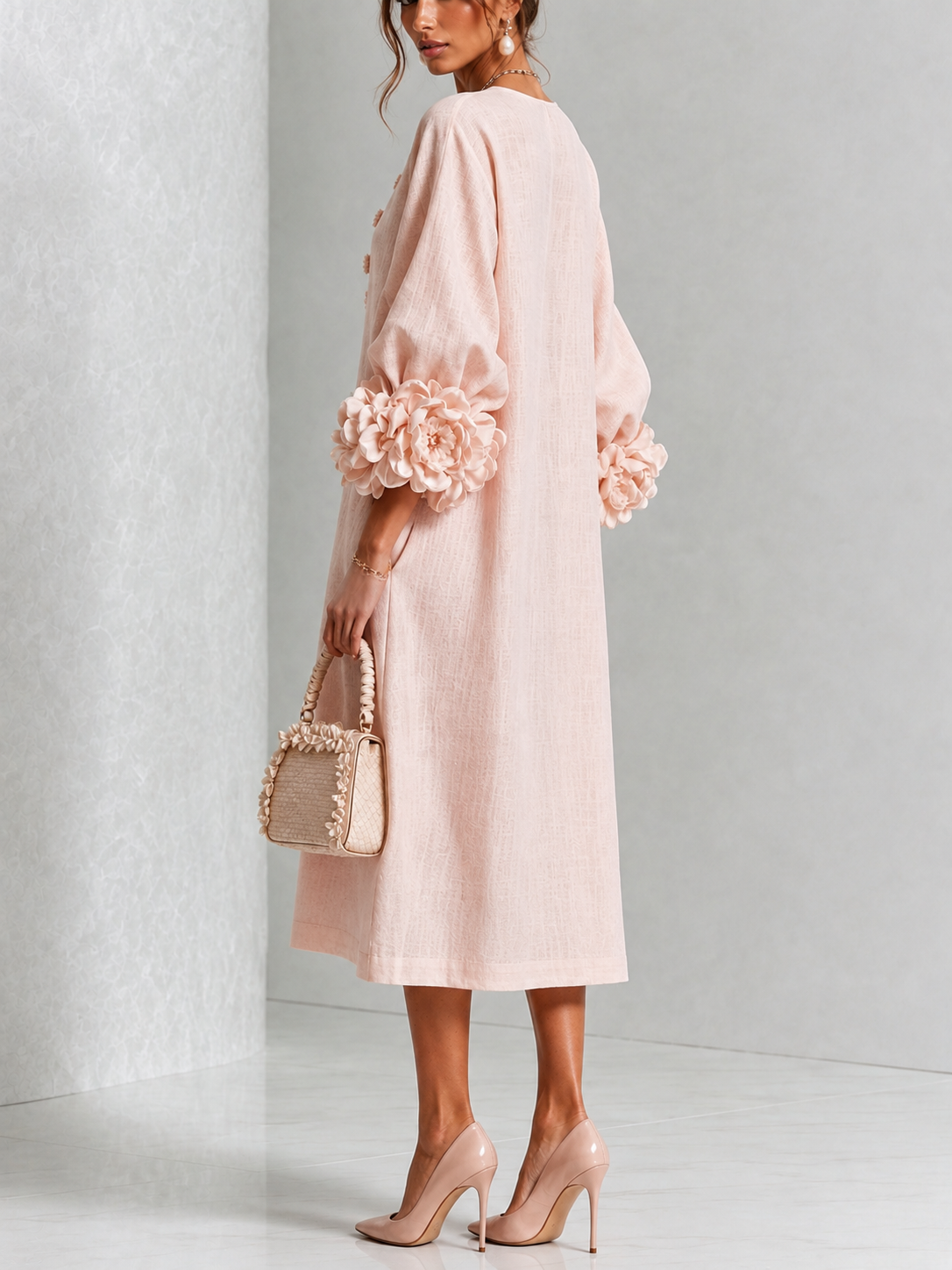 Rosabel | Floral-Sleeve Midi Dress in Pink