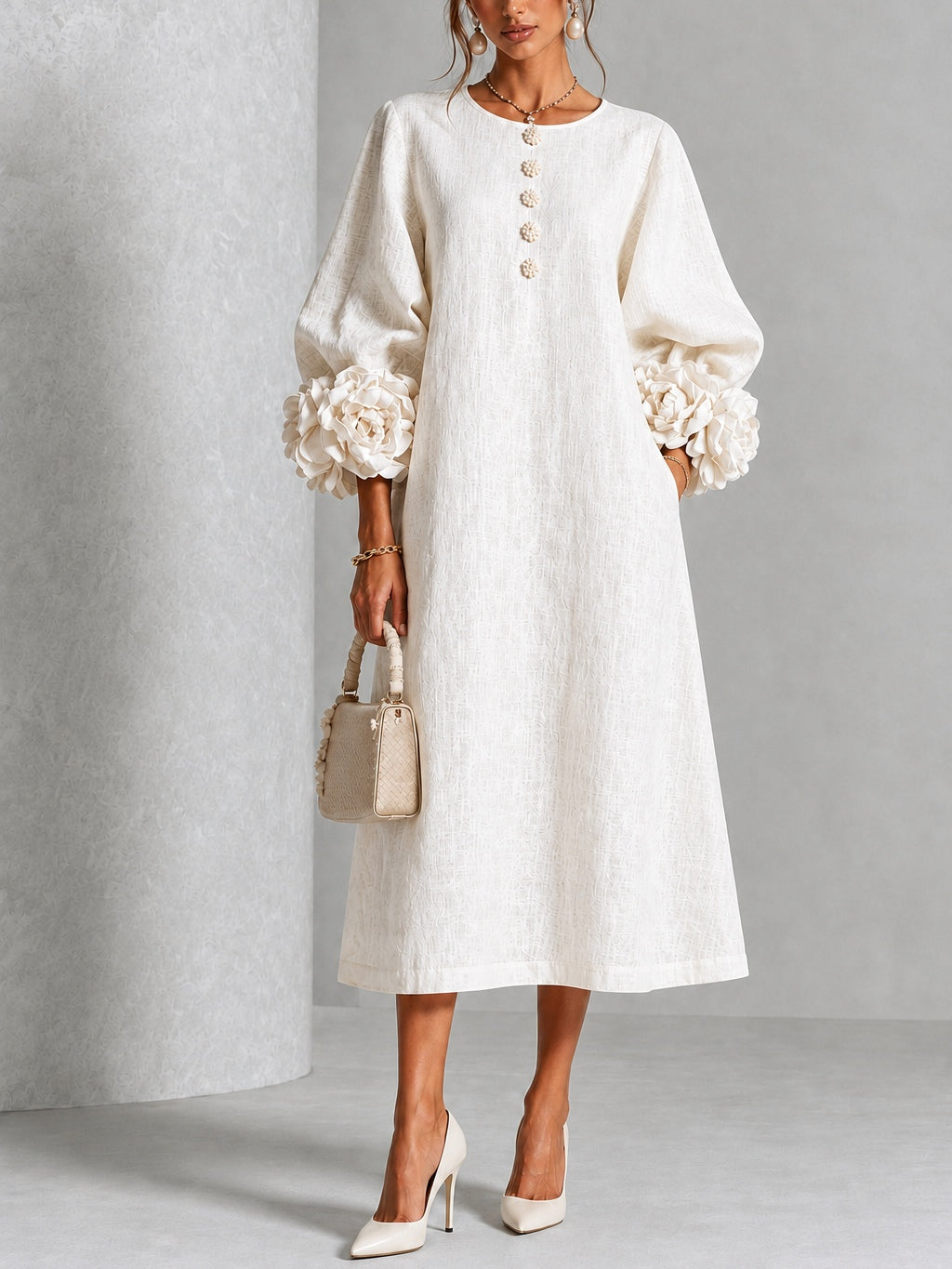 Margot | Floral-Sleeve Midi Dress in White
