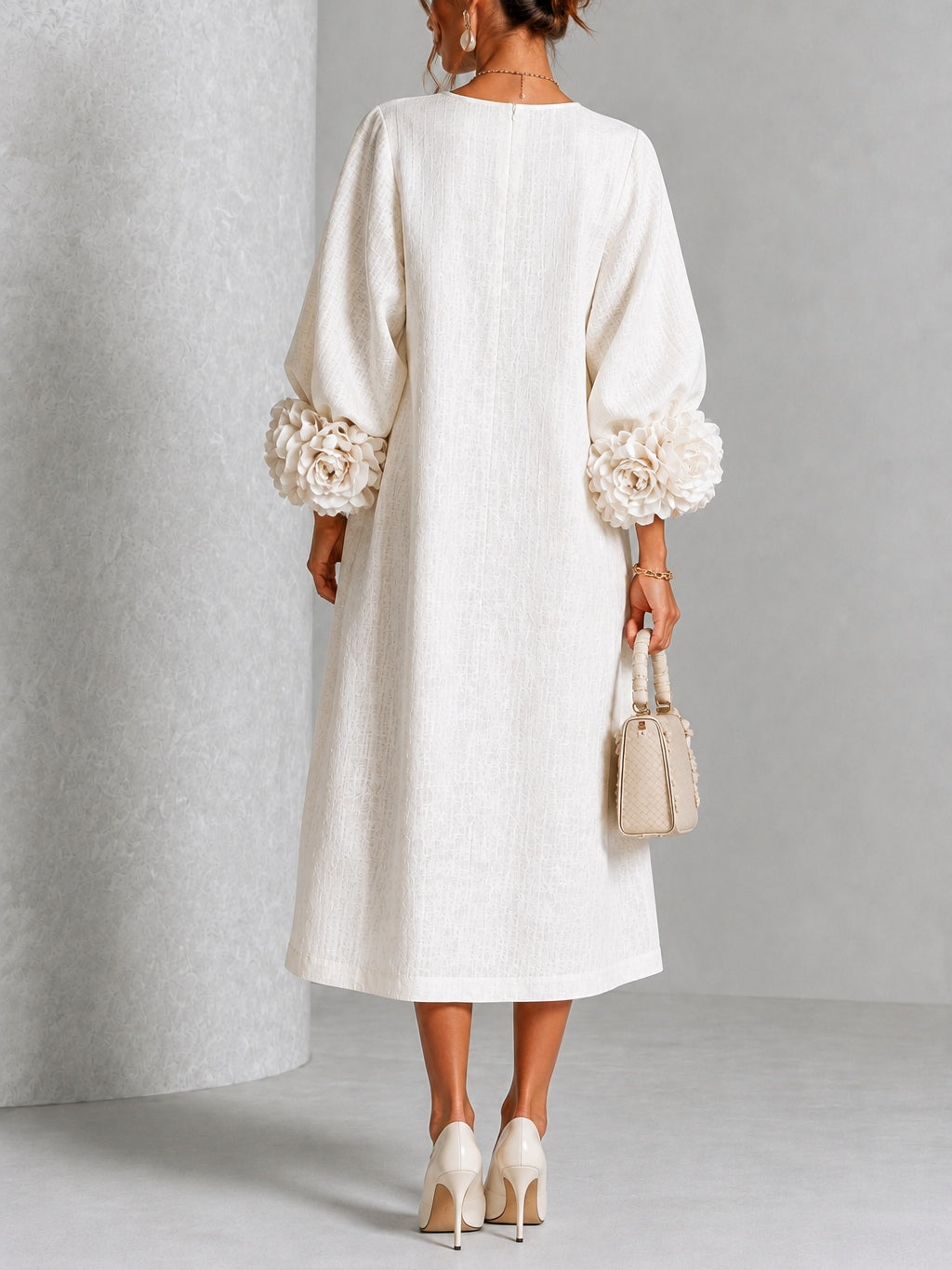 Margot | Floral-Sleeve Midi Dress in White