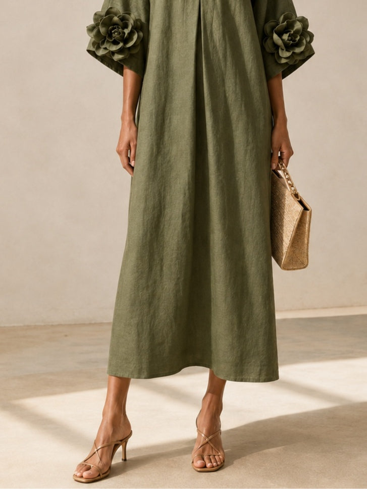Thea | V-Neck Floral-Sleeve Midi Dress