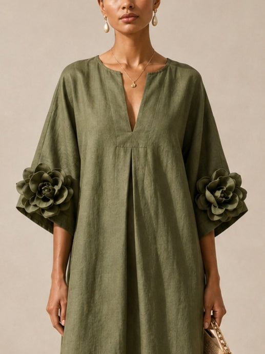 Thea | V-Neck Floral-Sleeve Midi Dress
