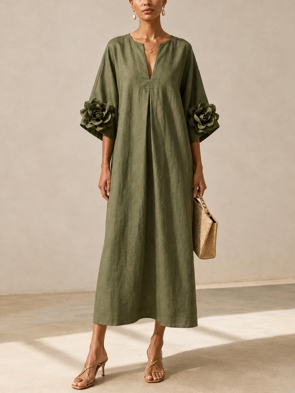 Thea | V-Neck Floral-Sleeve Midi Dress