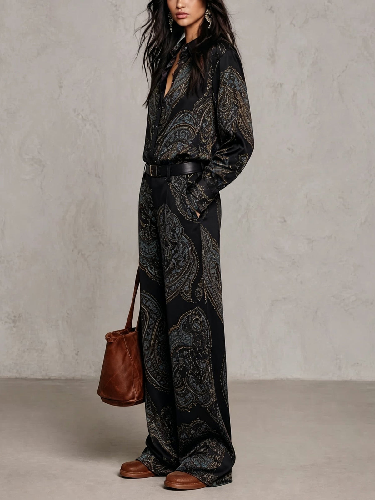 Elena | Satin Shirt & Wide-Leg Trouser Set in Black
