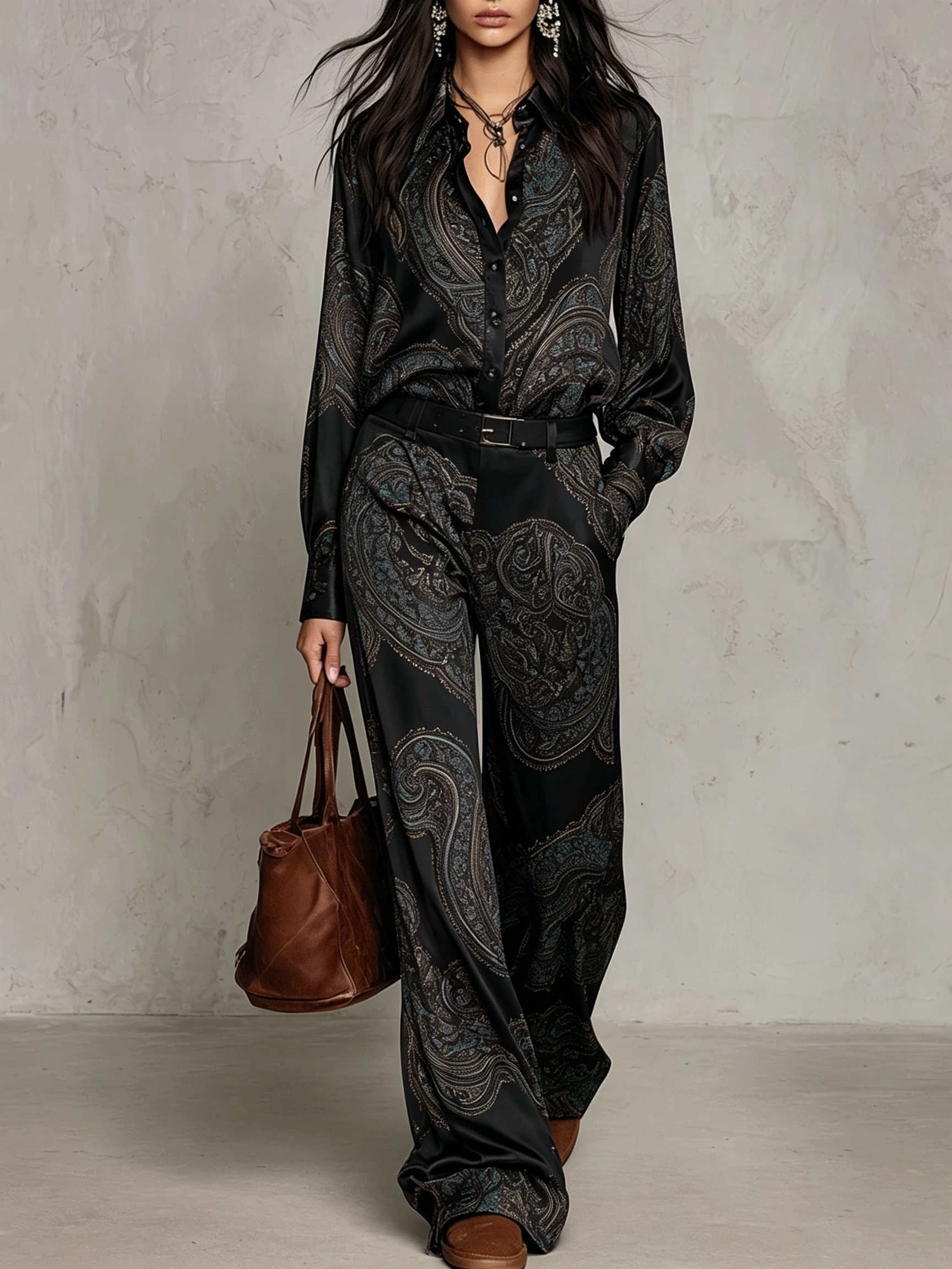 Elena | Satin Shirt & Wide-Leg Trouser Set in Black