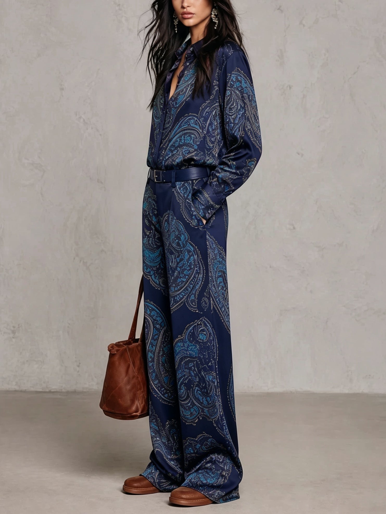 Valentina | Paisley Satin Shirt & Wide-Leg Trouser Set