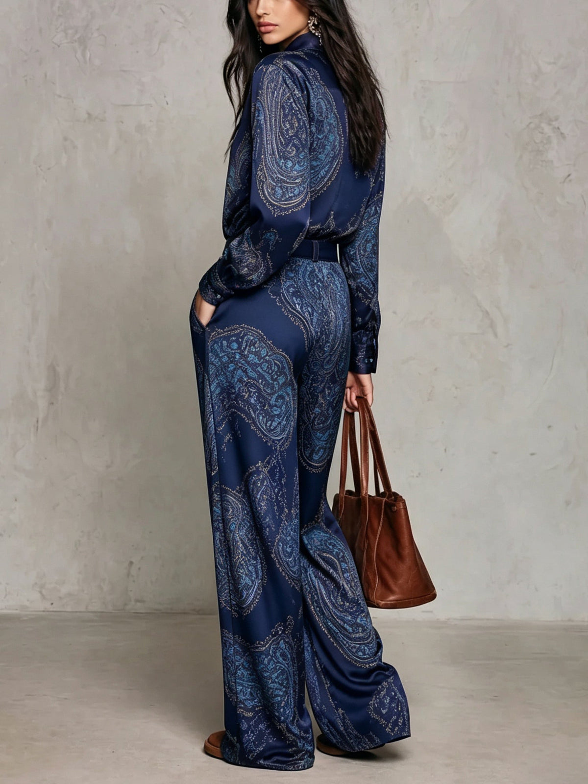 Noemi | Satin Shirt & Wide-Leg Trouser Set in Navy