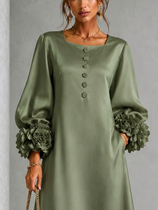 Sage | Satin Midi Dress with Floral Sleeves