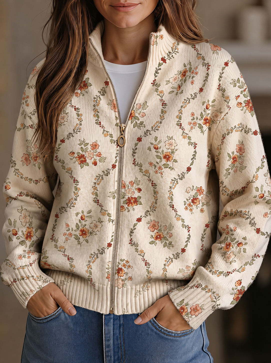 Persephone | Delicate Floral Vine Zip Cardigan