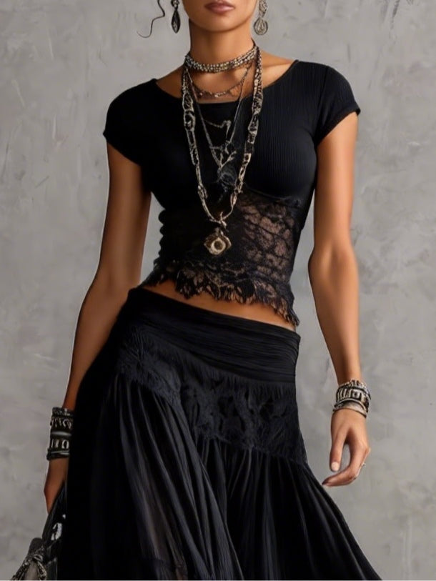 Black Sheer Lace Top and Pleated Maxi Skirt Set
