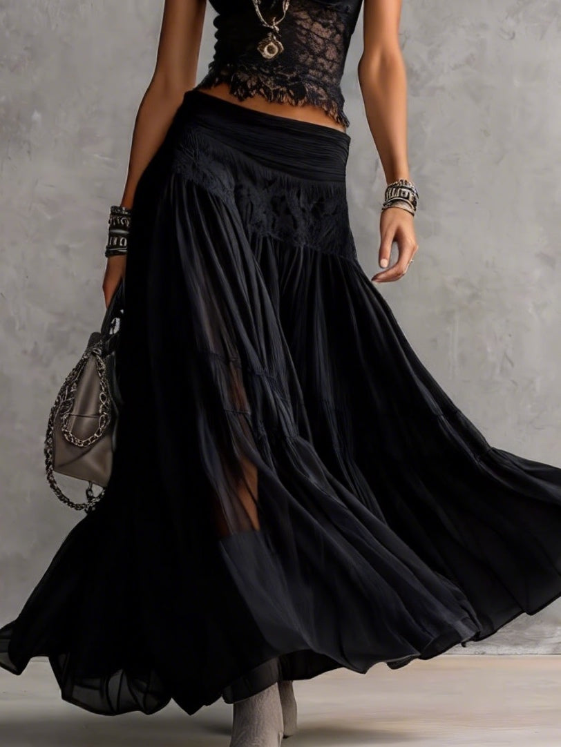Black Sheer Lace Top and Pleated Maxi Skirt Set