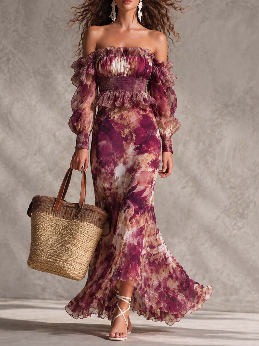 Pink Chiffon Maxi Dress with Off-Shoulder Watercolor Print