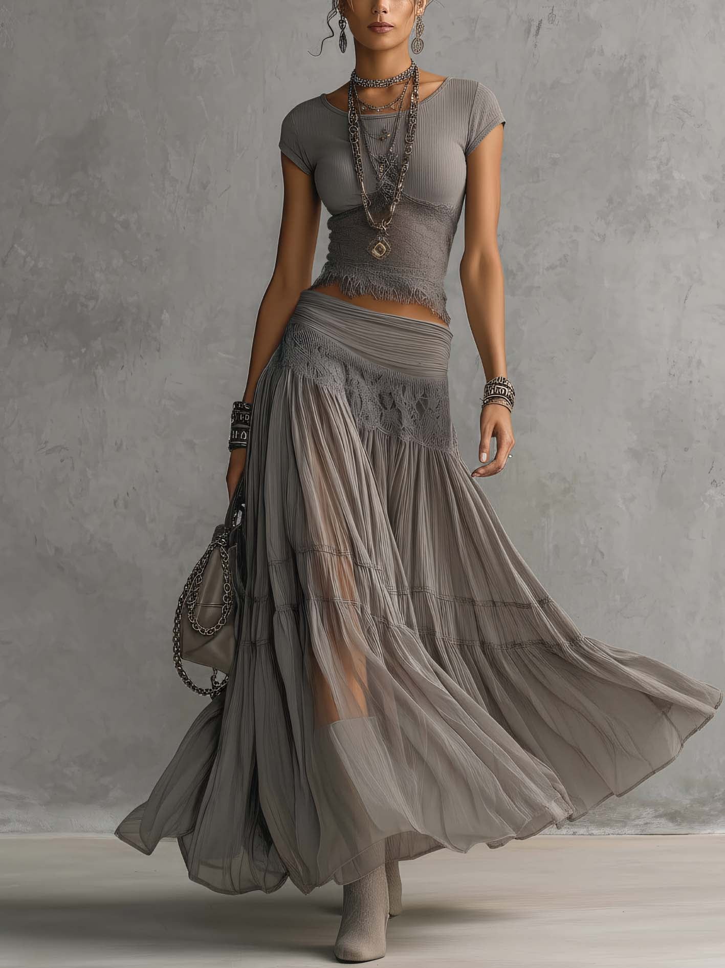 Gray Lace Top and Pleated Maxi Skirt Set
