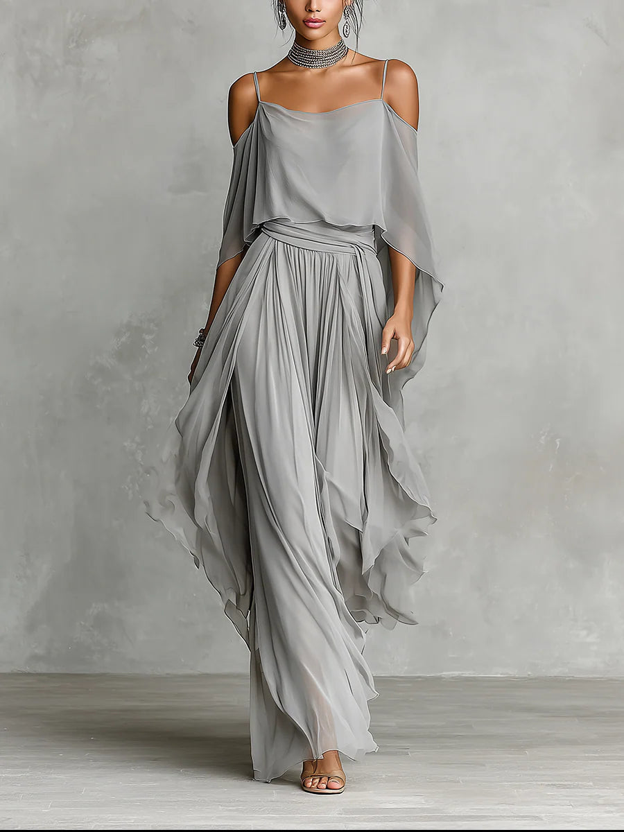 Gray Chiffon Off-Shoulder Top and Trousers Set