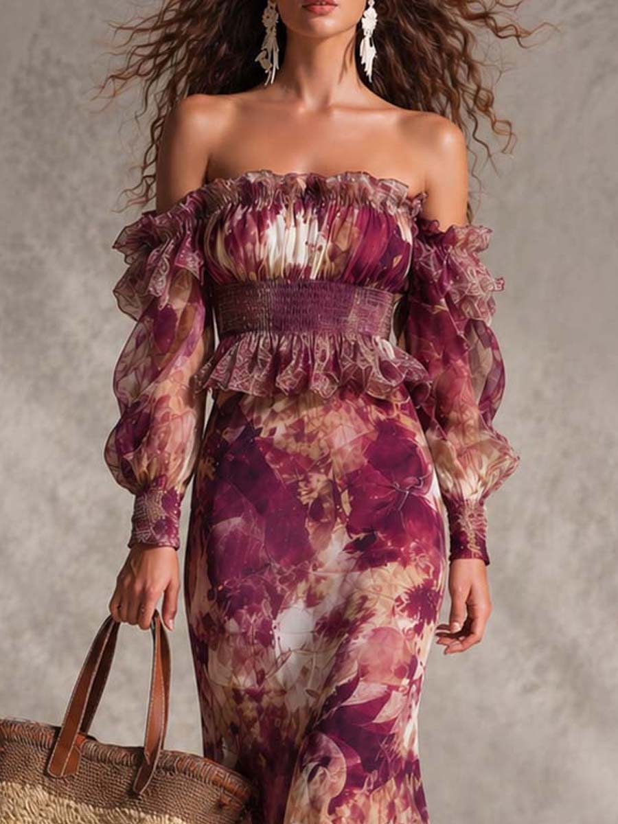 Pink Chiffon Maxi Dress with Off-Shoulder Watercolor Print
