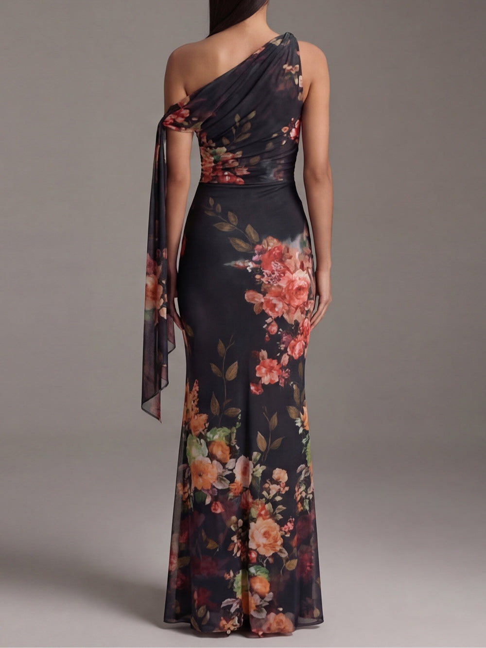 Black Floral Pleated One-Shoulder Maxi Dress