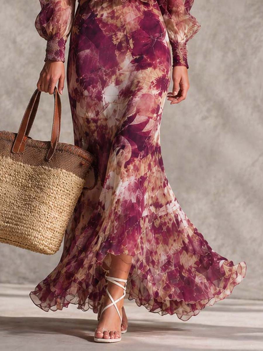 Pink Chiffon Maxi Dress with Off-Shoulder Watercolor Print
