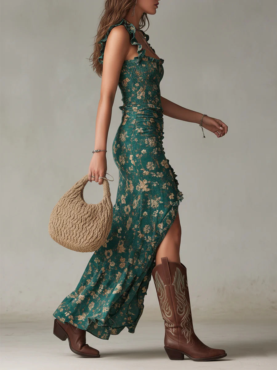 Green Boho Print Maxi Dress with Ruffle Sleeves
