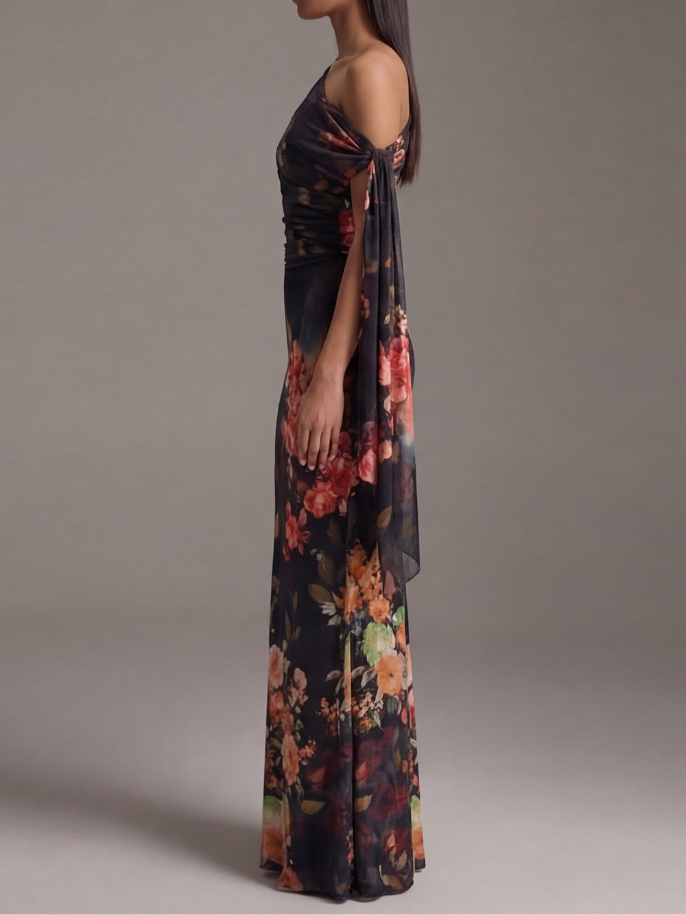 Black Floral Pleated One-Shoulder Maxi Dress