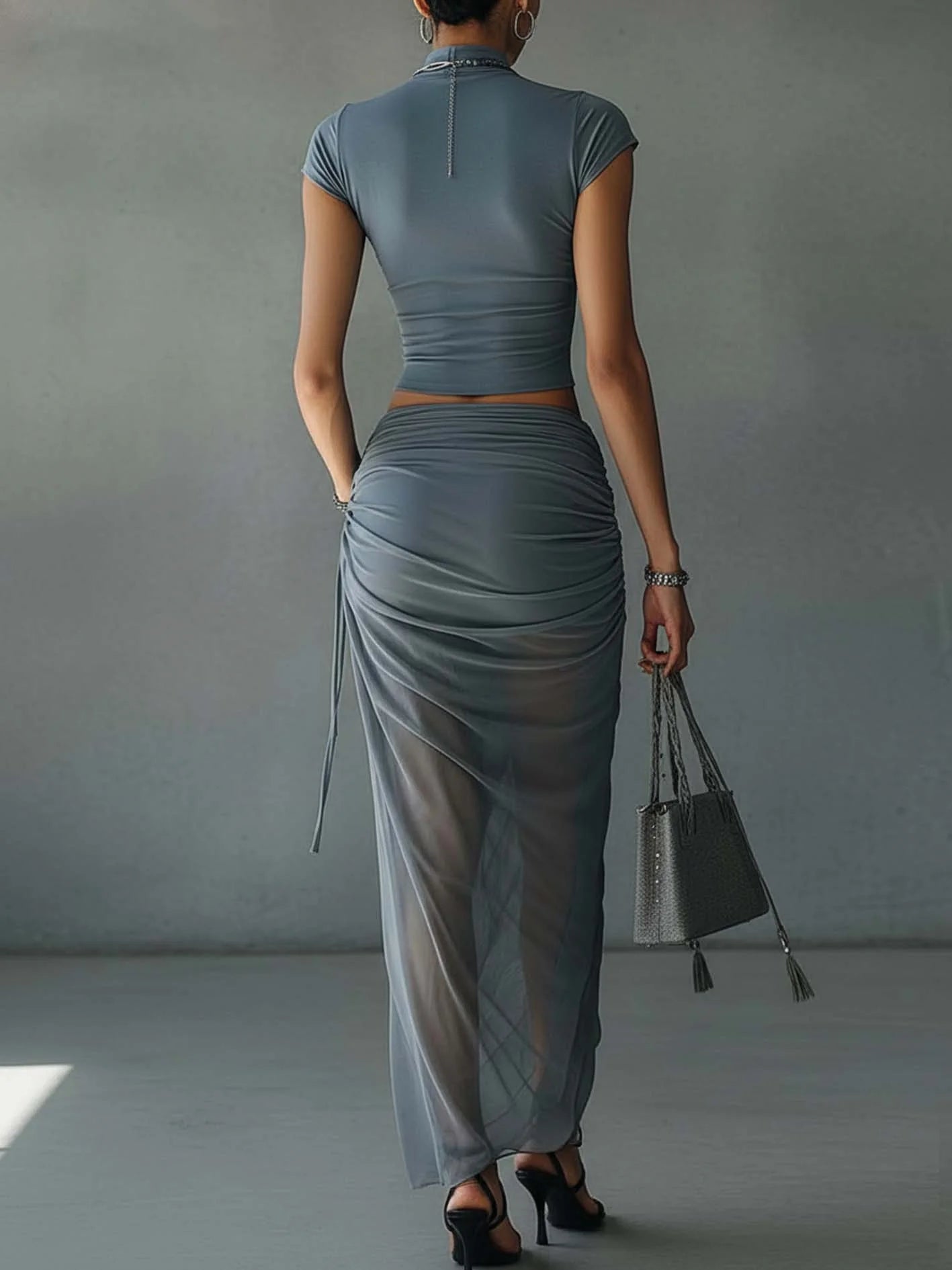 Blue Top and Draped Sheer Mesh Maxi Skirt Set