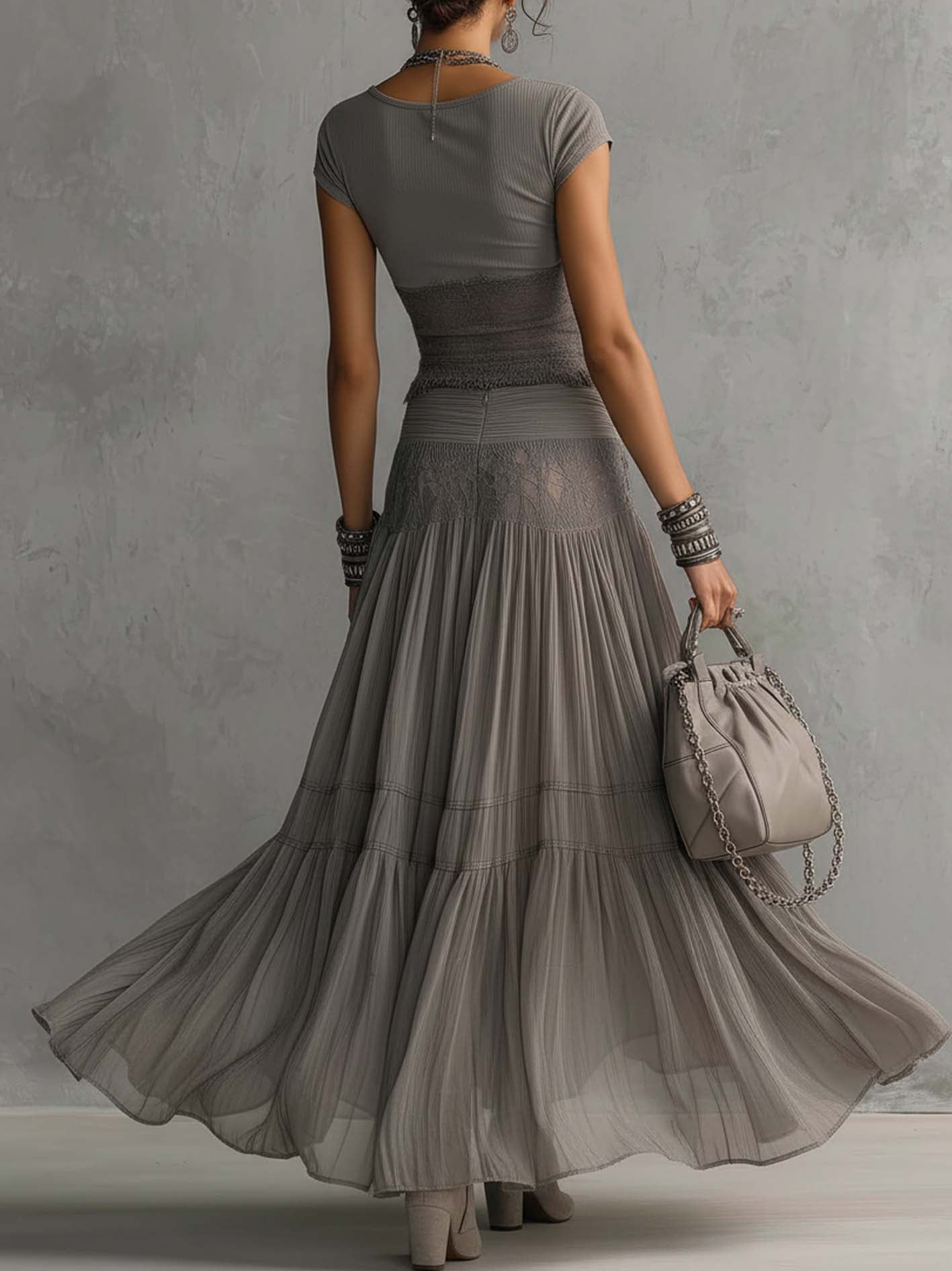 Gray Lace Top and Pleated Maxi Skirt Set