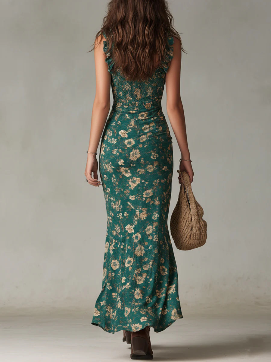 Green Boho Print Maxi Dress with Ruffle Sleeves