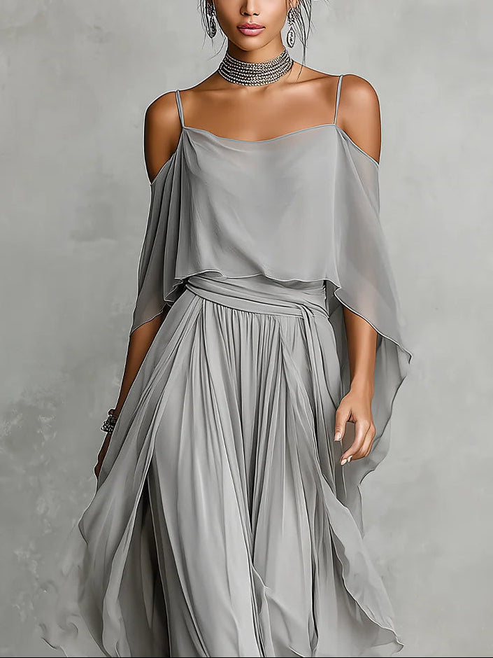 Gray Chiffon Off-Shoulder Top and Trousers Set