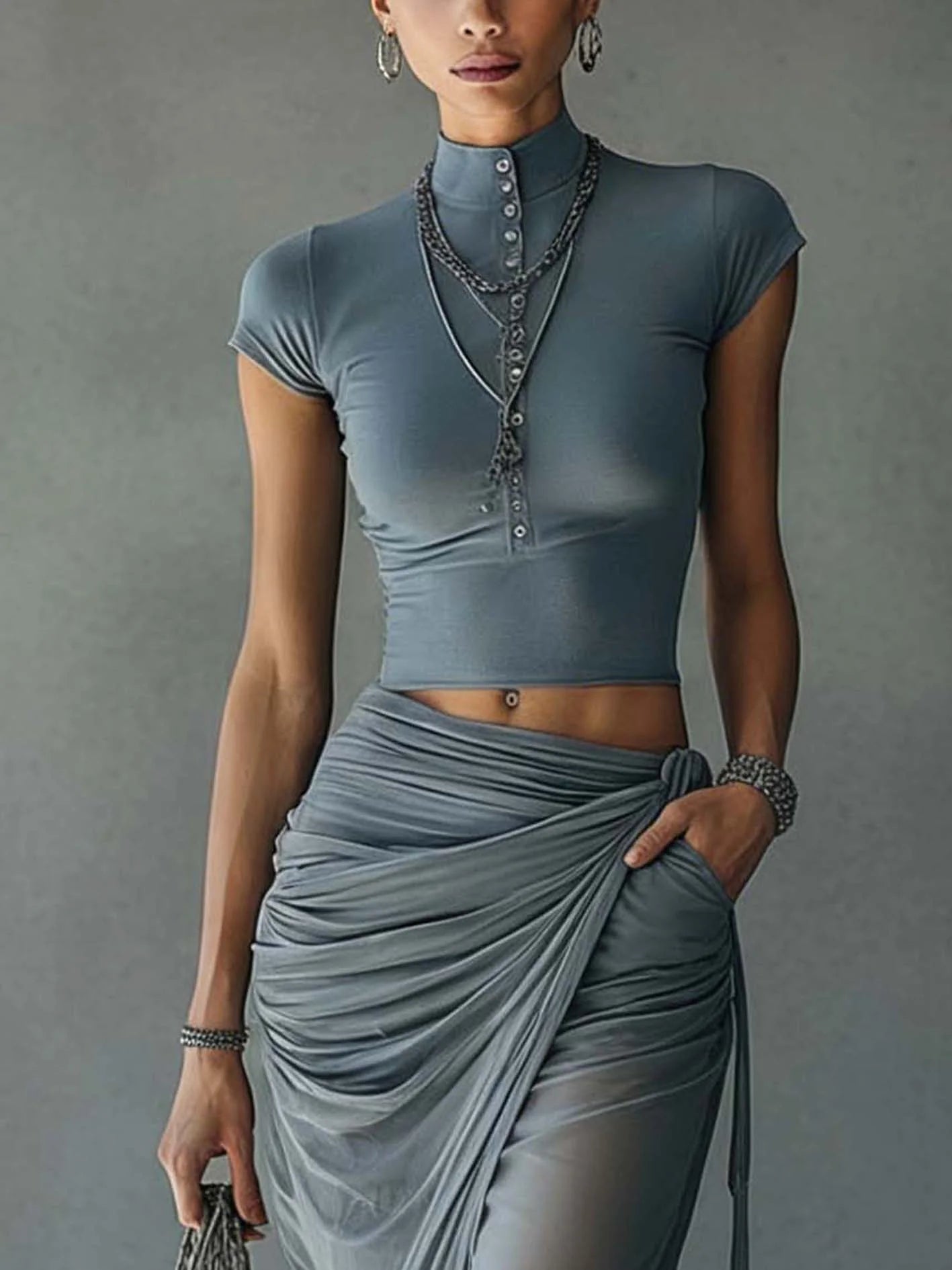 Blue Top and Draped Sheer Mesh Maxi Skirt Set