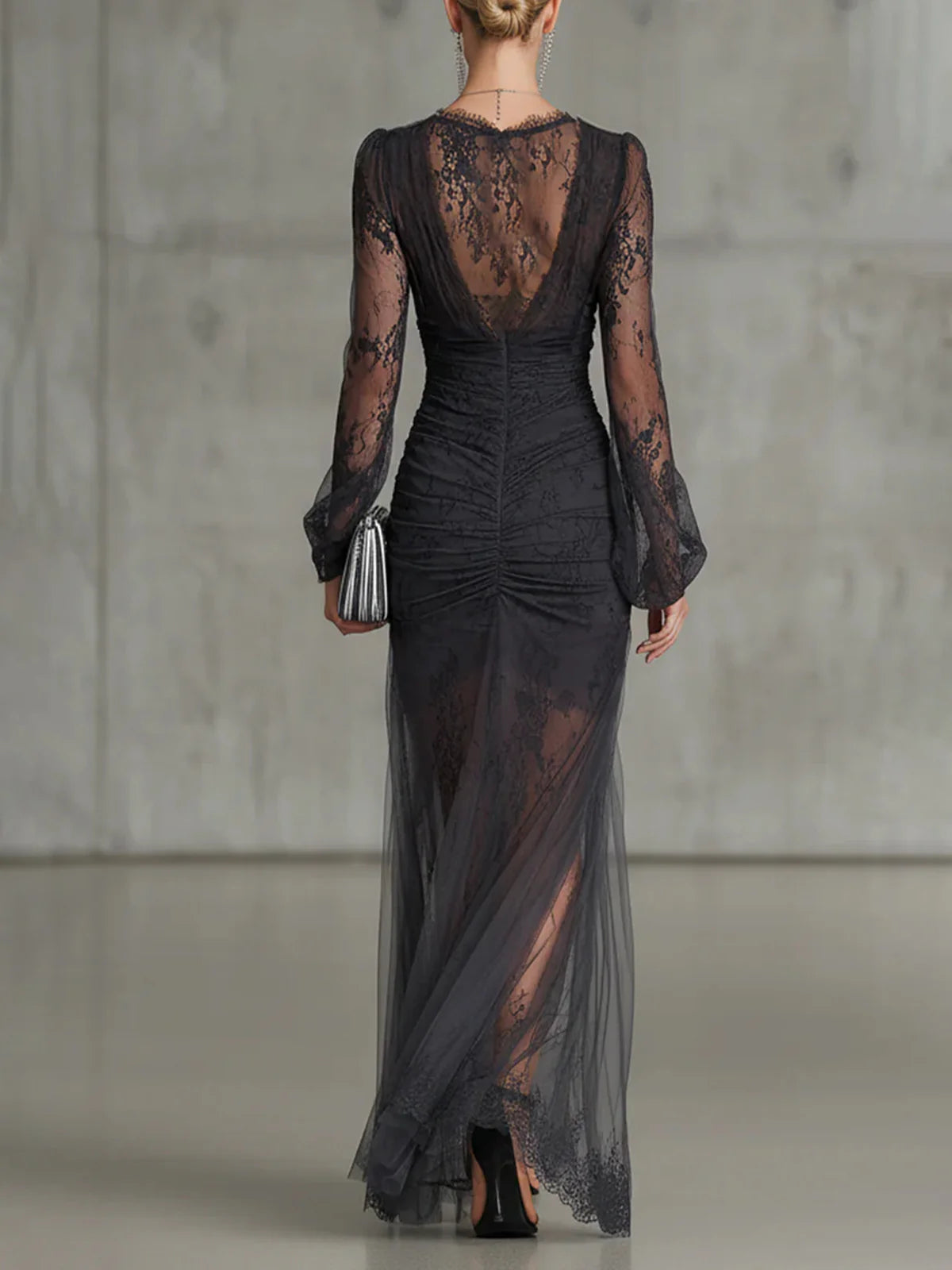 Dark Gray Lace Maxi Dress with Long Sleeves and High Slit
