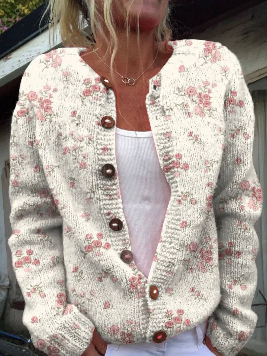 Kivara | Pink Rose Floral Knit Cardigan