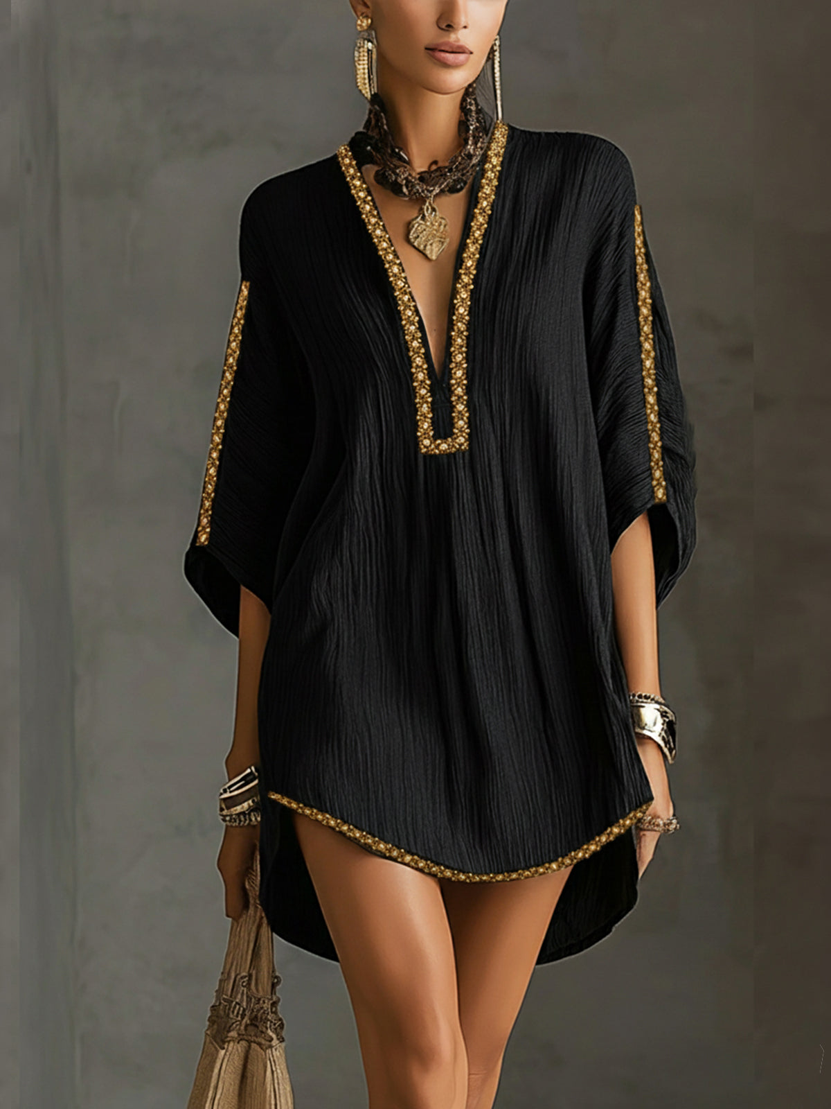 Mirella | Black Kaftan-Style Mini Dress with Deep V-Neck