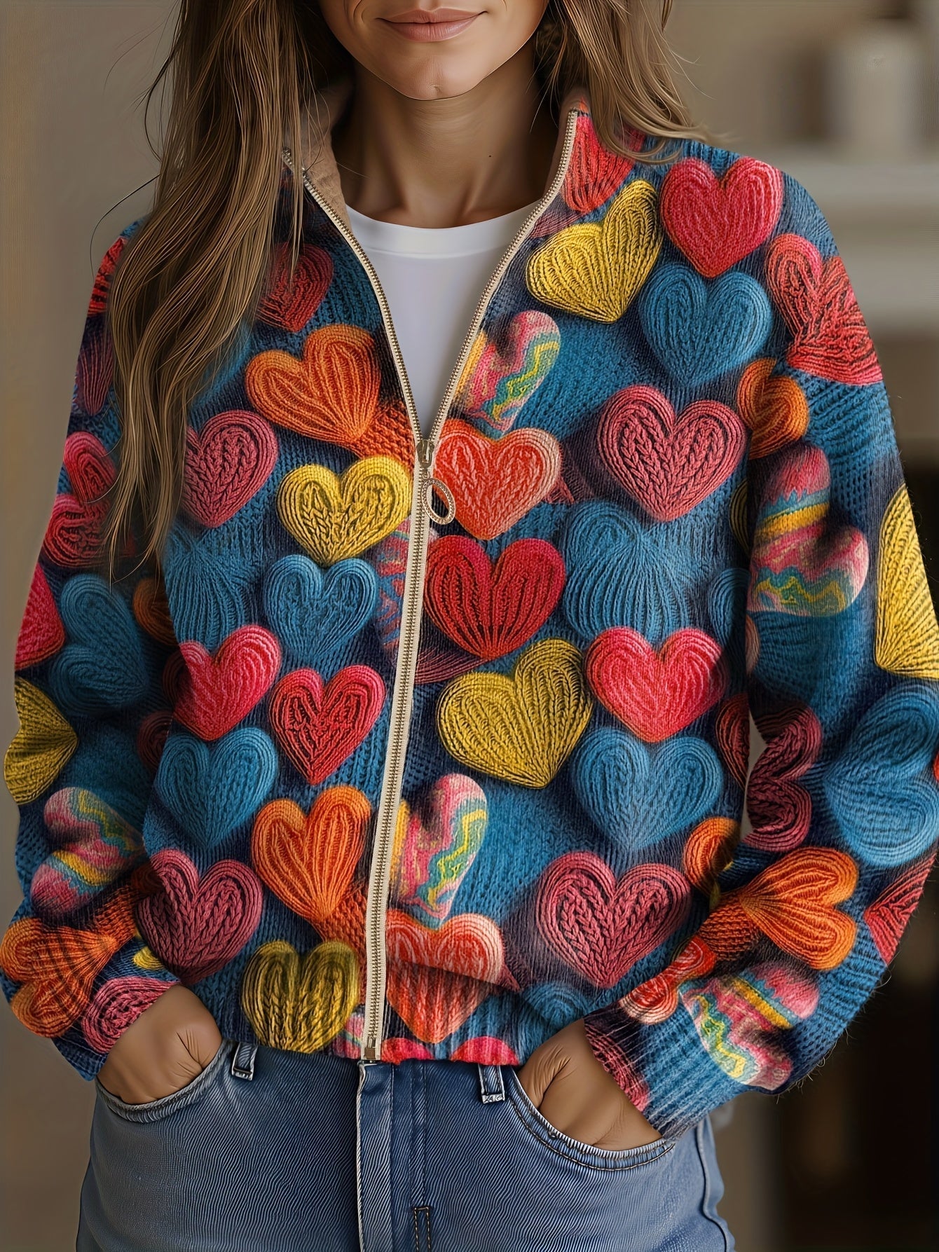 Verena | Multicolor Hearts Textured Zip Cardigan