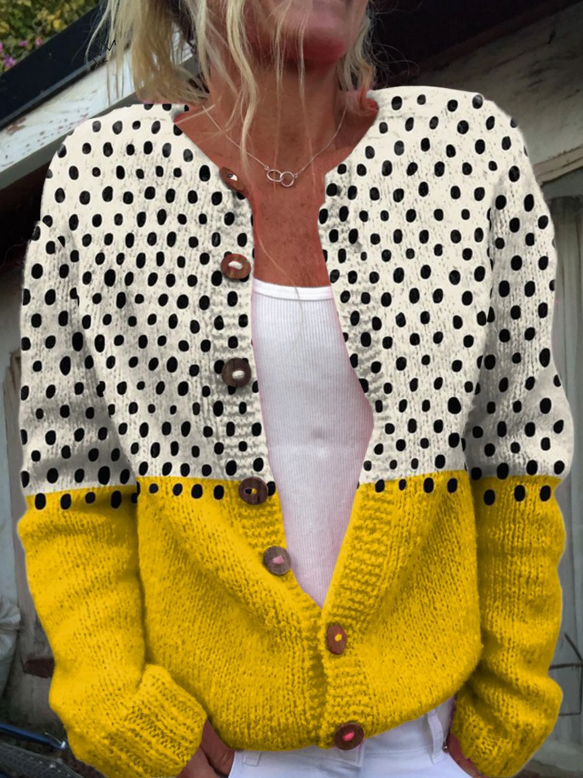 Junella | Polka Dot Colorblock Knit Cardigan