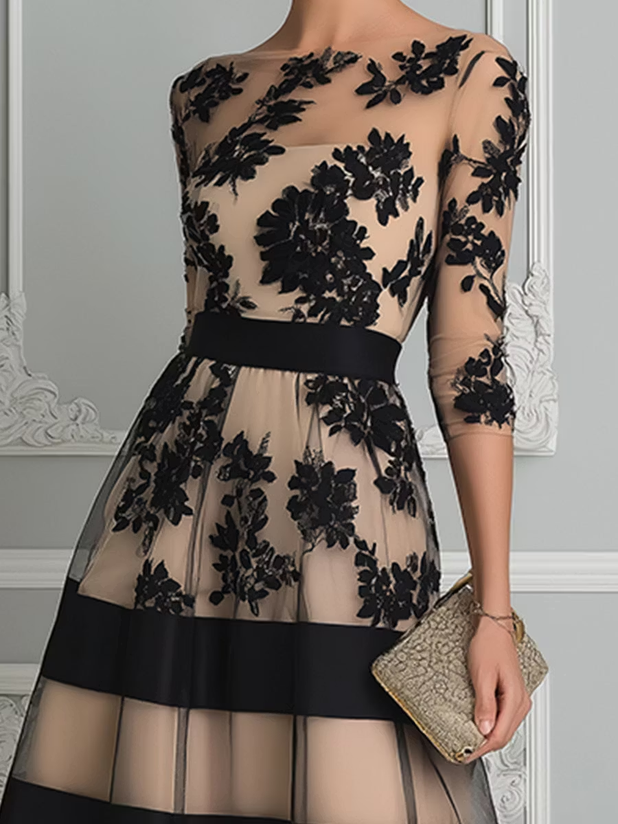 Lucia | Black Lace A-Line Midi Dress