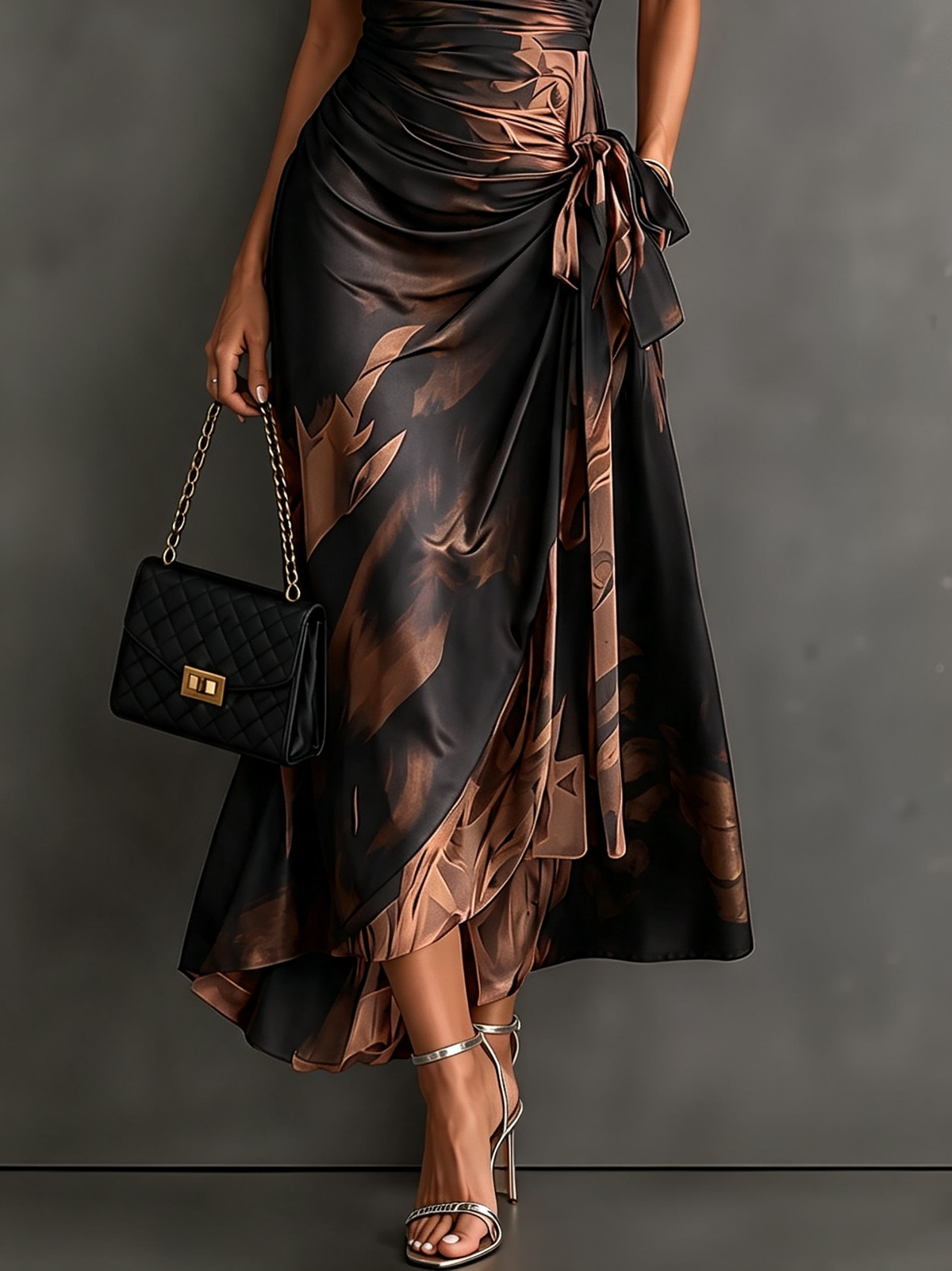 Nadia | Abstract Print Wrap Midi Dress in Brown