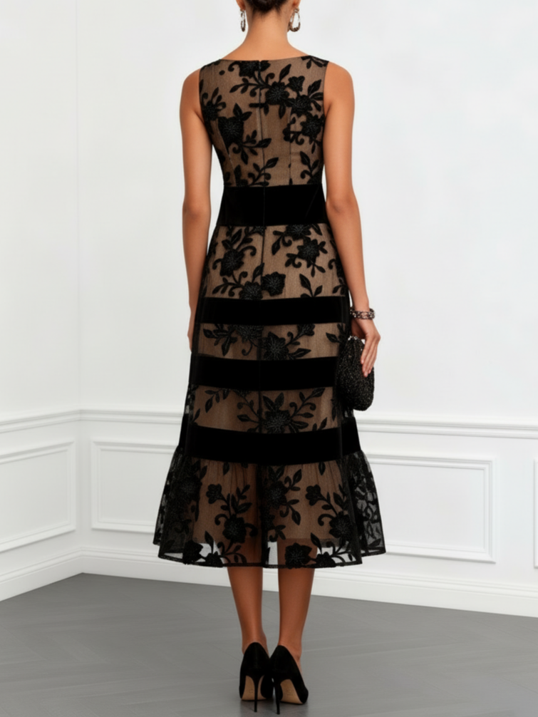 Black Mesh Floral A-Line Midi Dress, Sleeveless