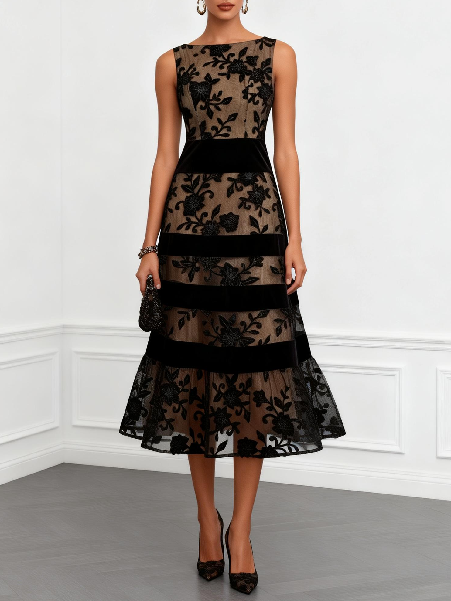 Black Mesh Floral A-Line Midi Dress, Sleeveless