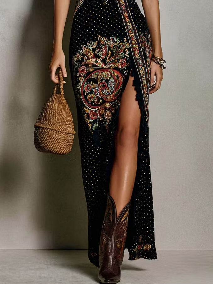 Embroidered Boho Maxi Dress with Deep V-Neck and High Slit