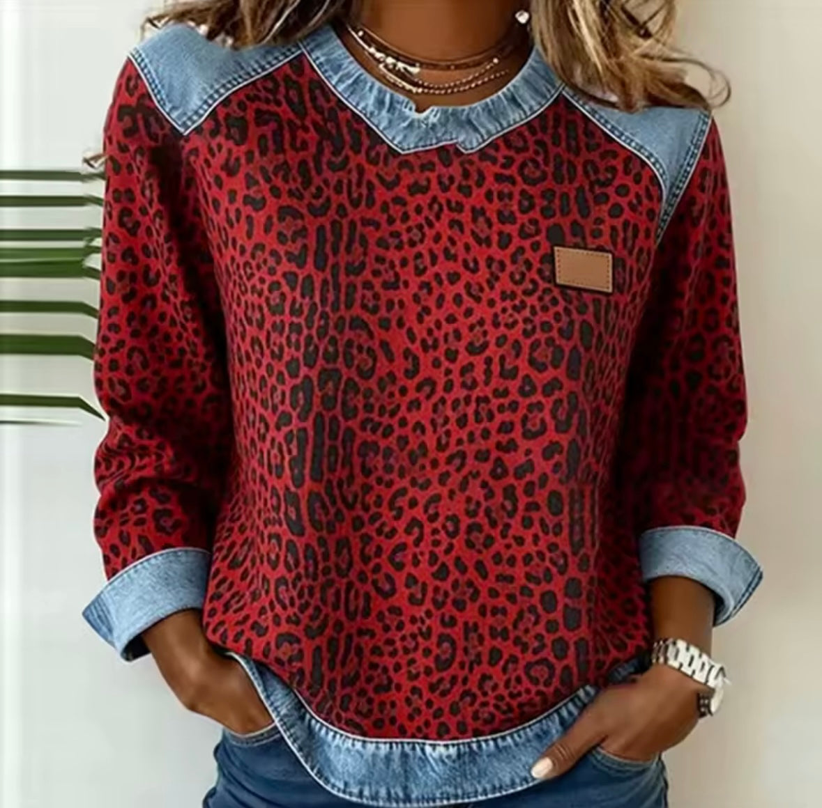 Hollyn | Leopard Print Denim Collar Sweater