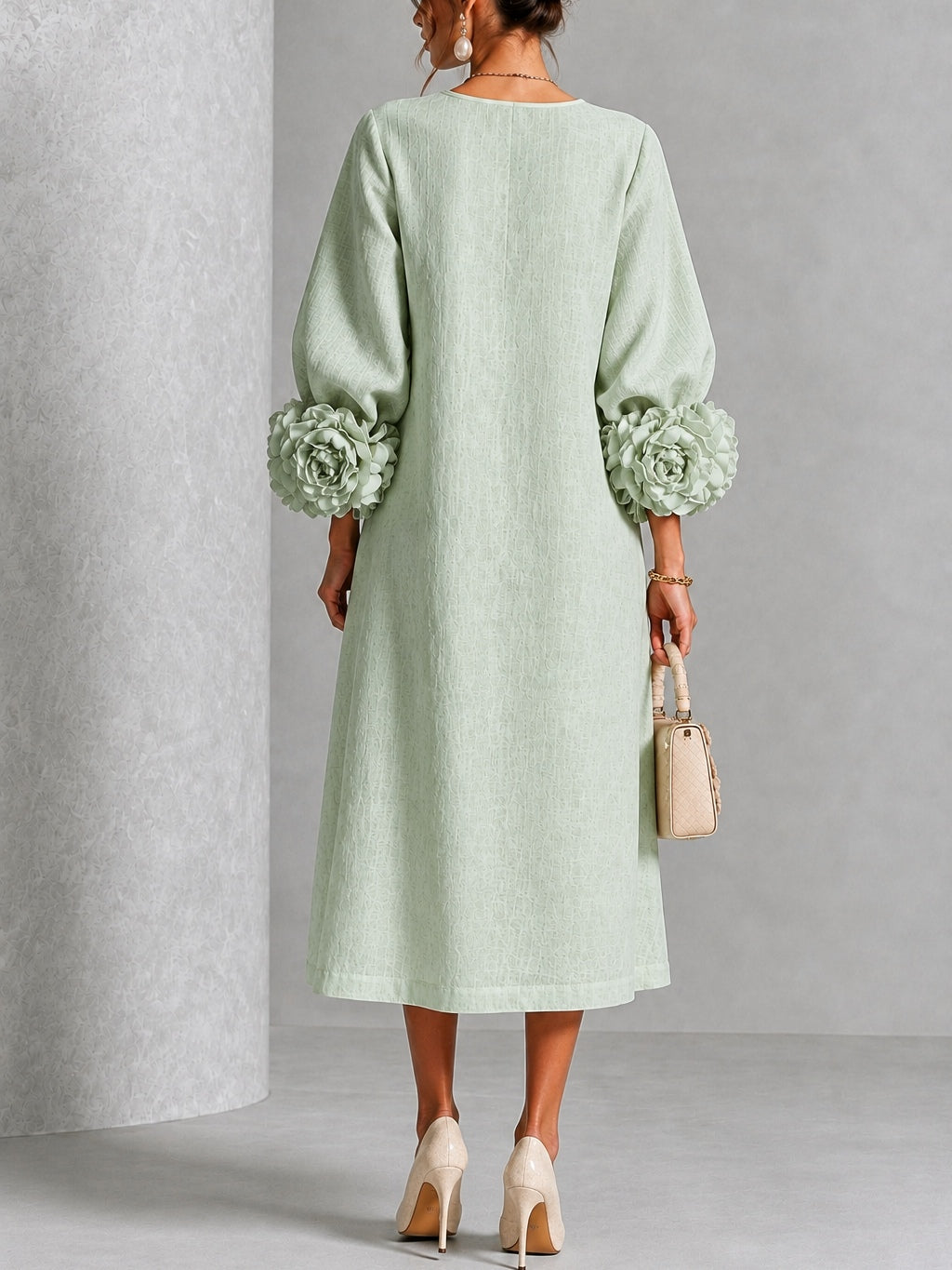 Verity | Floral-Sleeve Midi Dress in Sage