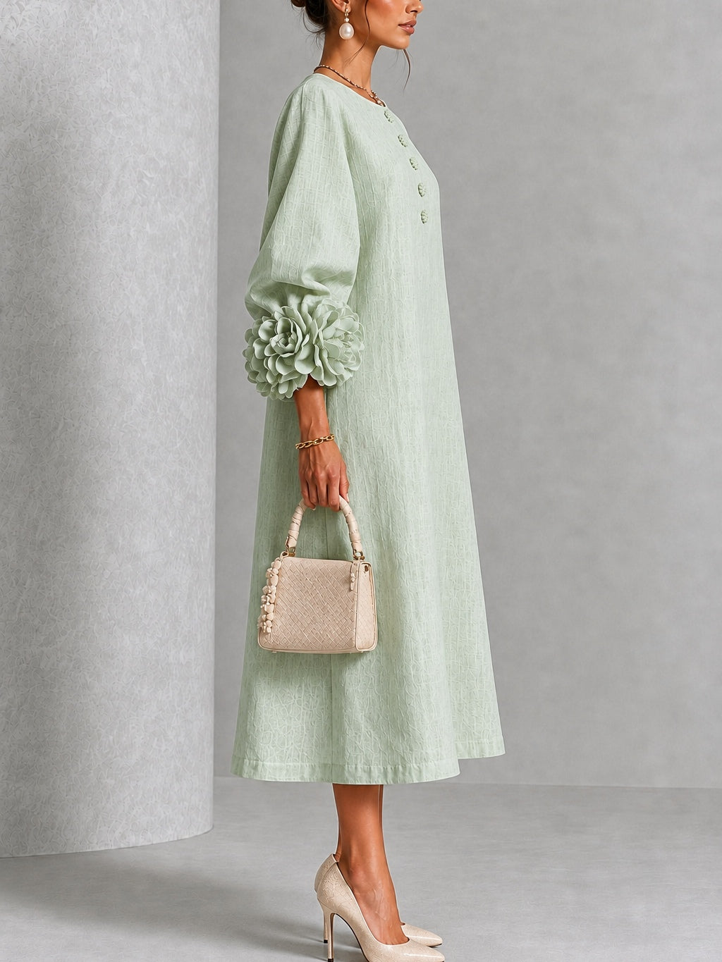 Verity | Floral-Sleeve Midi Dress in Sage