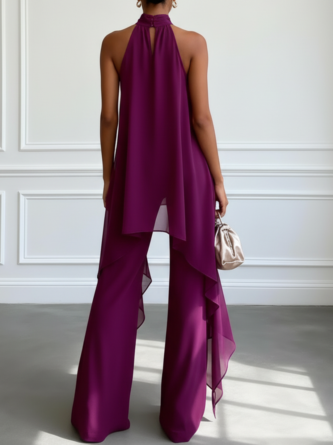 Purple Asymmetric Halter Top and Trousers Set
