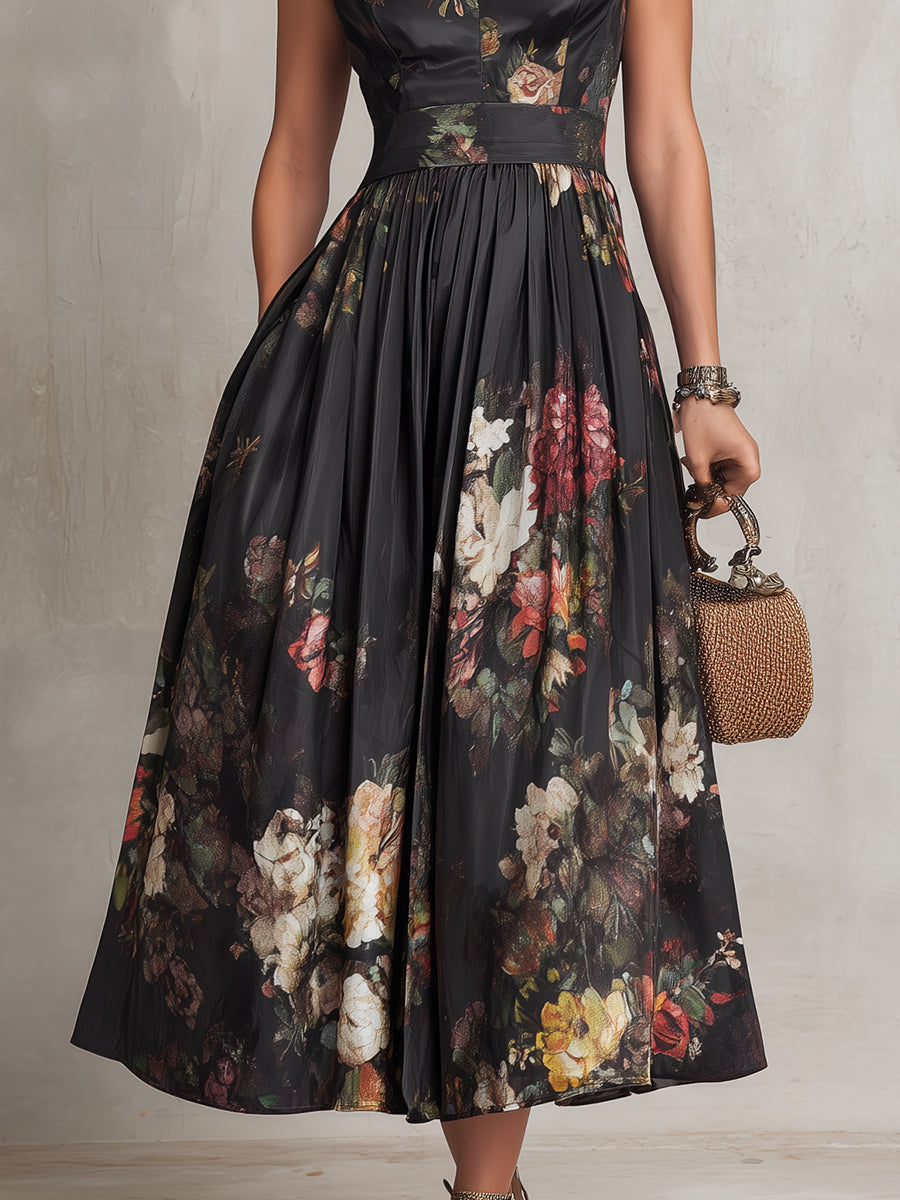 Pleated Satin Midi Dress with Black Keyhole Neckline