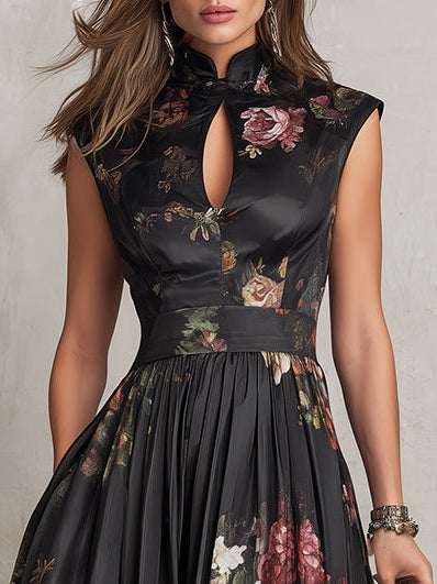Pleated Satin Midi Dress with Black Keyhole Neckline