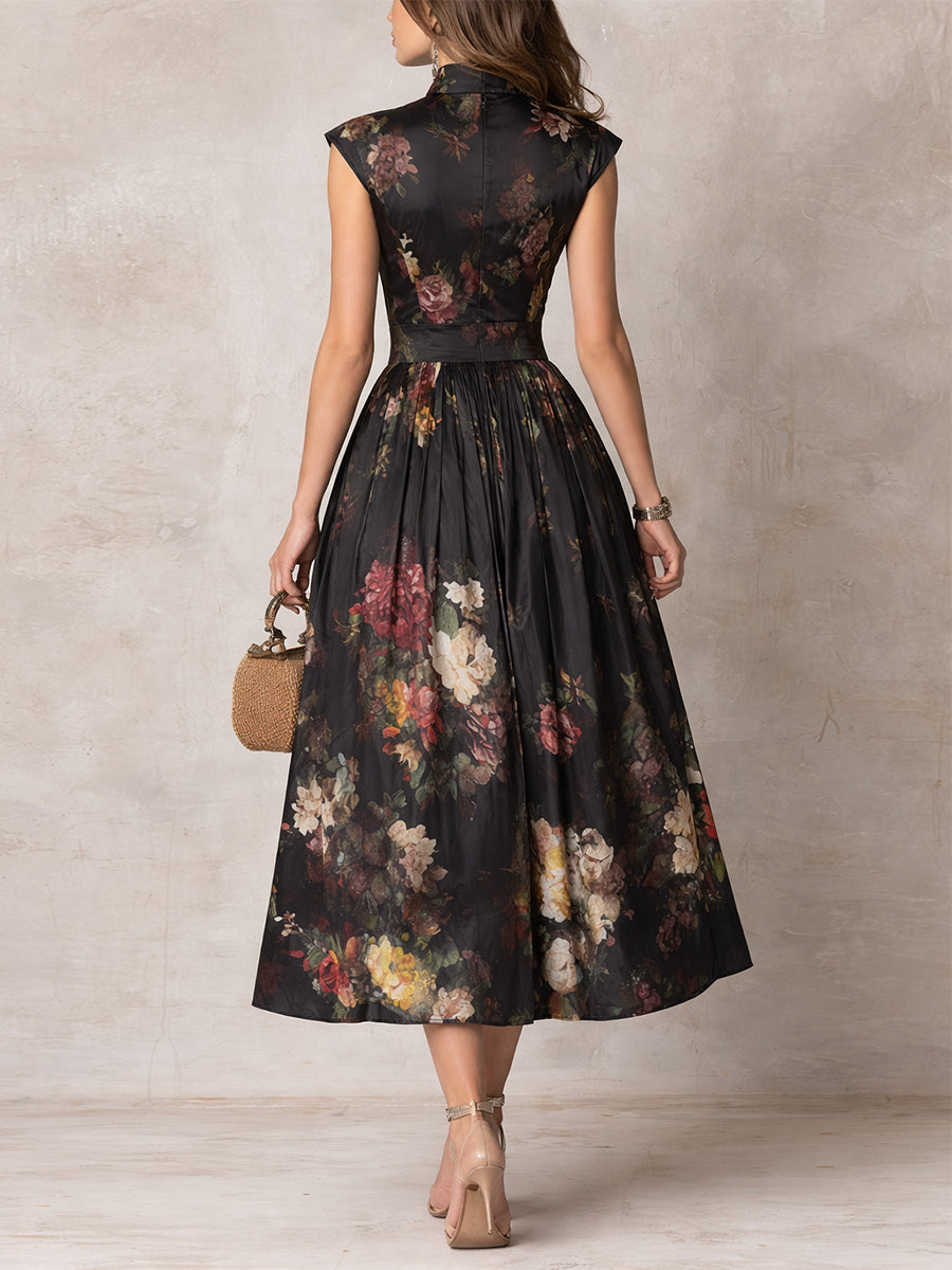 Pleated Satin Midi Dress with Black Keyhole Neckline